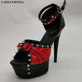 LAIJIANJINXIA Új stílus Nők Sandlas szegecs díszíti 15CM magas sarkú cipő szexi modell-t platform cipő rúdtánc cipő