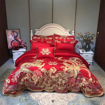 Luxus 100S Egyiptomi Pamut Kínai Esküvői ágyneműgarnitúra Arany Loong Phoenix Hímzés paplanhuzat Ágytakaró Ágynemű Huzat 1