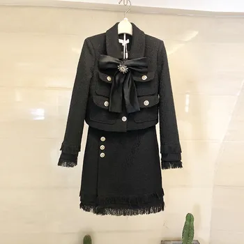 Luxus 2019 Téli Nők, 2 Darabos Készlet Fekete Gyapjú Tweed Gyémánt Gyöngyfűzés Íj Kabát + Tassel Osztott Ceruza Szoknya Ruhák 2