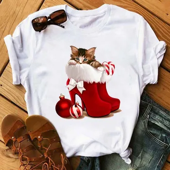 Maycaur Aranyos Macska Piros Magas sarkú Nyomtatott Női póló, Alkalmi, Rövid Ujjú O-nyakú póló, Karácsonyi Tshirts Pólók Női Felsők