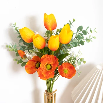 Mesterséges Virágok, Tulipán Vegyes Poppy Eukaliptusz Bellflower Esküvői Kezét Csokor Hamis Növény, Party Dekoráció, Virágkötészet