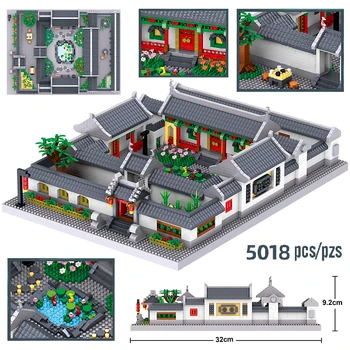 MOC Ősi Kínai Klasszikus Ház Építészeti Udvari Lakások, Fa, Virág, 3D Modell, Mini Gyémánt Blokk Tégla Épület Játékok 1