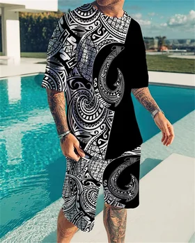 Nyári férfi trend ruha geometriai minta varrás 3D nyomtatás férfi 2021 póló, rövidnadrág, sportruházat öltöny 1