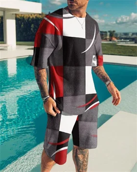 Nyári férfi trend ruha geometriai minta varrás 3D nyomtatás férfi 2021 póló, rövidnadrág, sportruházat öltöny 2