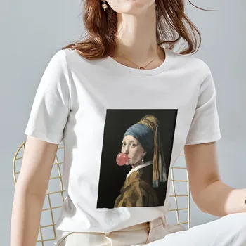 Nyári Női póló, Alkalmi Basic póló, Vicces, Kreatív Híres Festmény Minta Nyomtatás O-nyak Vékony Ingázó Rövid Ujjú