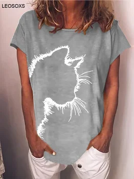 Női Nyári 2021 T-Shirt Harajuku Macska Fejét a Nyomtatás Alkalmi Laza Kerek Nyakú, Rövid Ujjú Összes mérkőzés Póló