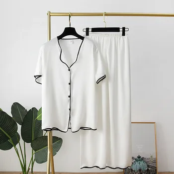 Női Pizsama Szett Hölgy Hálóruházat Hosszú Ujjú Jég Selyem Új Pizsama V-Nyakú Nadrág Őszi Divat Női Pizsama Homewear Fehér