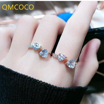 QMCOCO 2021 Új Érkezés Japán-Korea 925 Ezüst Gyönyörű Ékszerek Dupla Szív Alakú Cirkon Egyszerű Nyitott Állítható Gyűrű Nő