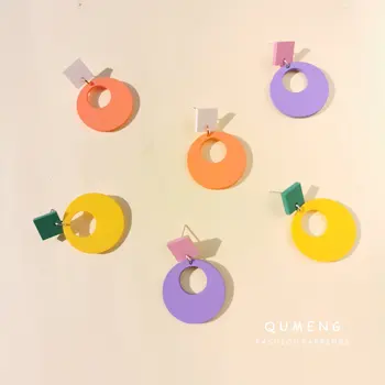QUMENG 2020 koreai Új Geometriai Tér Kerek Akril Festék Fülbevaló Női nyári cukorka Színű Fülbevaló Ékszer