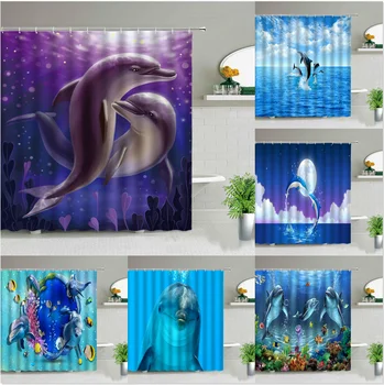 Romantikus Pár Delfin Zuhanyzó Függöny, Cuki Óceán Állat Trópusi Hal Gyerekek Fürdőszoba Decor Vízálló ruha Függöny Szett