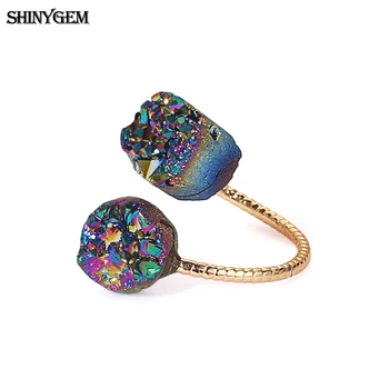 ShinyGem Vintage Természetes Szabálytalan Csillogó Dupla Druzy Kő Gyűrű, Arany Bevonat, Állítható Sizs A Nők Nagykereskedelmi Ékszerek 5db 2
