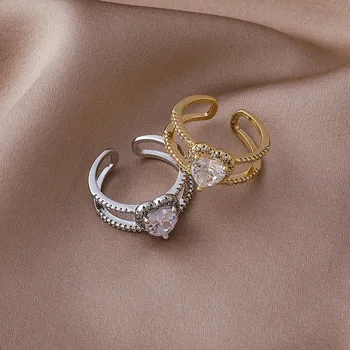Származási Nyári Egyedi Design Bling Bling Kristály Szerelmes Szív Dupla Réteg Gyűrű a Nők számára Nyitott CZ Kő Állítható Gyűrű Ékszer 1