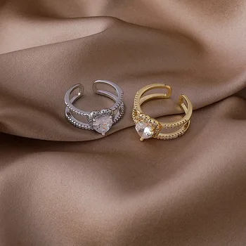 Származási Nyári Egyedi Design Bling Bling Kristály Szerelmes Szív Dupla Réteg Gyűrű a Nők számára Nyitott CZ Kő Állítható Gyűrű Ékszer 2