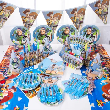Toy story disney témájú party dekoráció, 6 fő poharak, tányérok ， zászló, szalvéta，baba zuhany, szívószál，szülinapi parti dekoráció