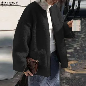 Téli Laza Outwear Kabát Női Alkalmi Szilárd Hosszú Ujjú Kabátot ZANZEA Vintage Zip Puha Plüss Kabát Őszi Túlméretezett Ruhájának 1
