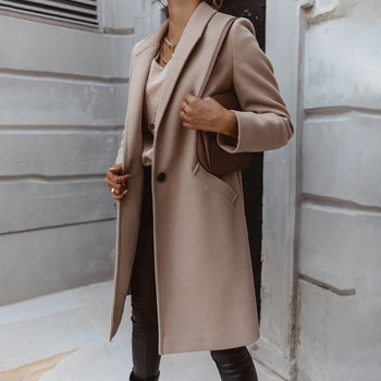 Téli Női Elegáns Gyapjú Keverék Kabát Divat Kapcsolja le a Gallér, Hosszú Kabátok Vintage egysoros Gyapjú Felöltő Outwear 1