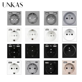 UNKAS B8 Modulok DIY Ingyenes Kombináció Új EU / francia C Típusú 16A Fali Csatlakozóaljzatba Kettős USB Töltő Port Rejtett Puha LED Outlet 1