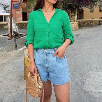 XEASY 2021 Nyári Nők Vintage Zöld Pamut Ágynemű Office Lady egysoros Póló Női Streetwear Pólók Női Alkalmi Felső 1