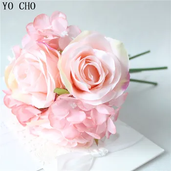 YO CHO Esküvői Csokor Rózsa, Bazsarózsa Hortenzia Selyem Virág Rózsaszín Fehér Menyasszonyi Koszorúslány Csokor Mariage Esküvői Kiegészítők 1