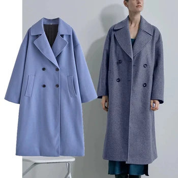ZA Őszi Téli Női Bevágott Gyapjú Kabát 2021 Divat Dupla Mellű, Hosszú Ujjú Zsebében Meleg Kabát Szilárd Hideg Streetwear 1