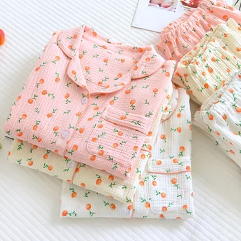 Új tavaszi nyári női pizsama, hosszú ujjú nadrág 100% pamut krepp aranyos kis narancssárga virágos kardigán home service set 1