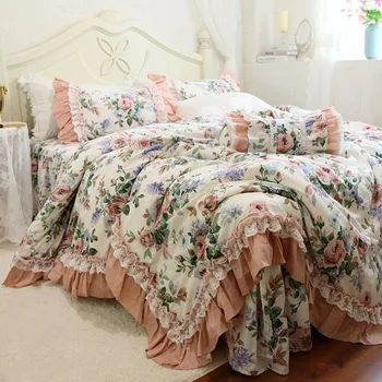 Új ágy meghatározott Romantikus Ágynemű Fodros csipke ágyneműgarnitúra rose nyomtatási paplanhuzat meghatározott princess ágynemű pamut királynő ágyneműgarnitúra lap 2